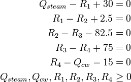 \begin{align}
Q_{steam} - R_1 + 30 & = 0\\
R_1 - R_2 + 2.5 & = 0\\
R_2 - R_3 - 82.5 & = 0\\
R_3 - R_4 + 75 & = 0\\
R_4 - Q_{cw} - 15 & = 0\\
Q_{steam}, Q_{cw},R_1, R_2,R_3,R_4 & \ge 0 \\
\end{align} 
